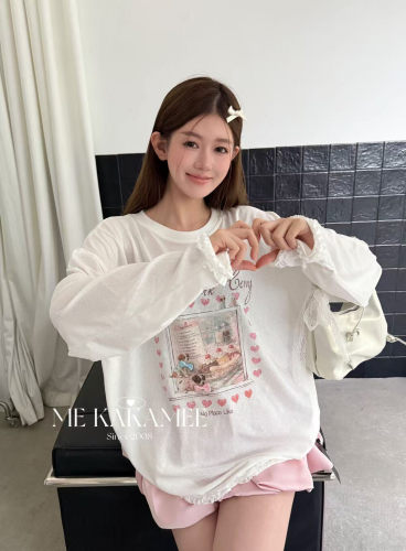 ME KAKAMEE夏新品喷画蛋糕小狗雪花棉防晒大版长袖T恤女大版9399