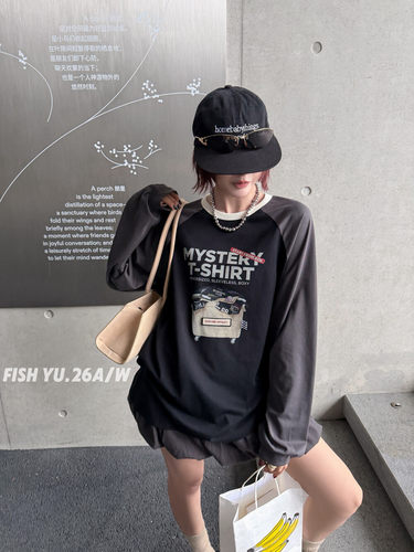 FISH YU美式复古堆叠衣篮撞色插肩袖圆领宽松大版长袖T恤26532