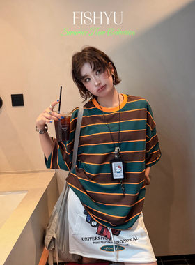 FISH YU夏新款美式朱地棉彩色撞色宽条纹休闲大版圆领短袖T恤女