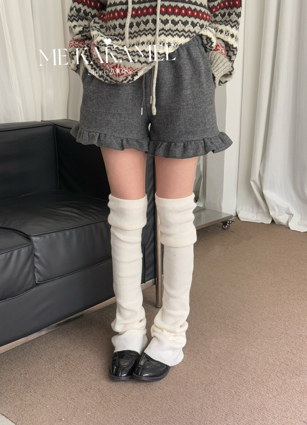 KAKAMEE冬新品韩系简约木耳花边加绒纯色百搭显瘦休闲短裤A3183