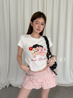 ME KAKAMEE夏新品卡通贝蒂喷画立体花朵小版弹力短袖T恤女S3993