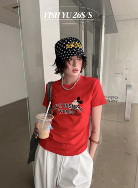 YU夏新品女韩版卡通米奇印花修身小版弹力短袖T恤上衣女626071