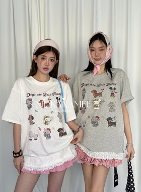 ME KAKAMEE卡通米奇九宫格喷画彩点蕾丝压褶荷花边短袖T恤S3828