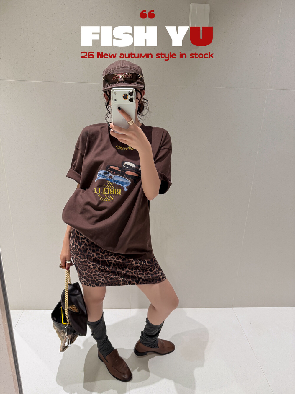 FISH YU美式复古墨镜标语白墨印花立体烫钻微磨毛宽松短袖T恤