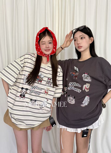 ME KAKAMEE春新品喷画猫咪立体蝴设计大版短袖T恤休闲上衣9202