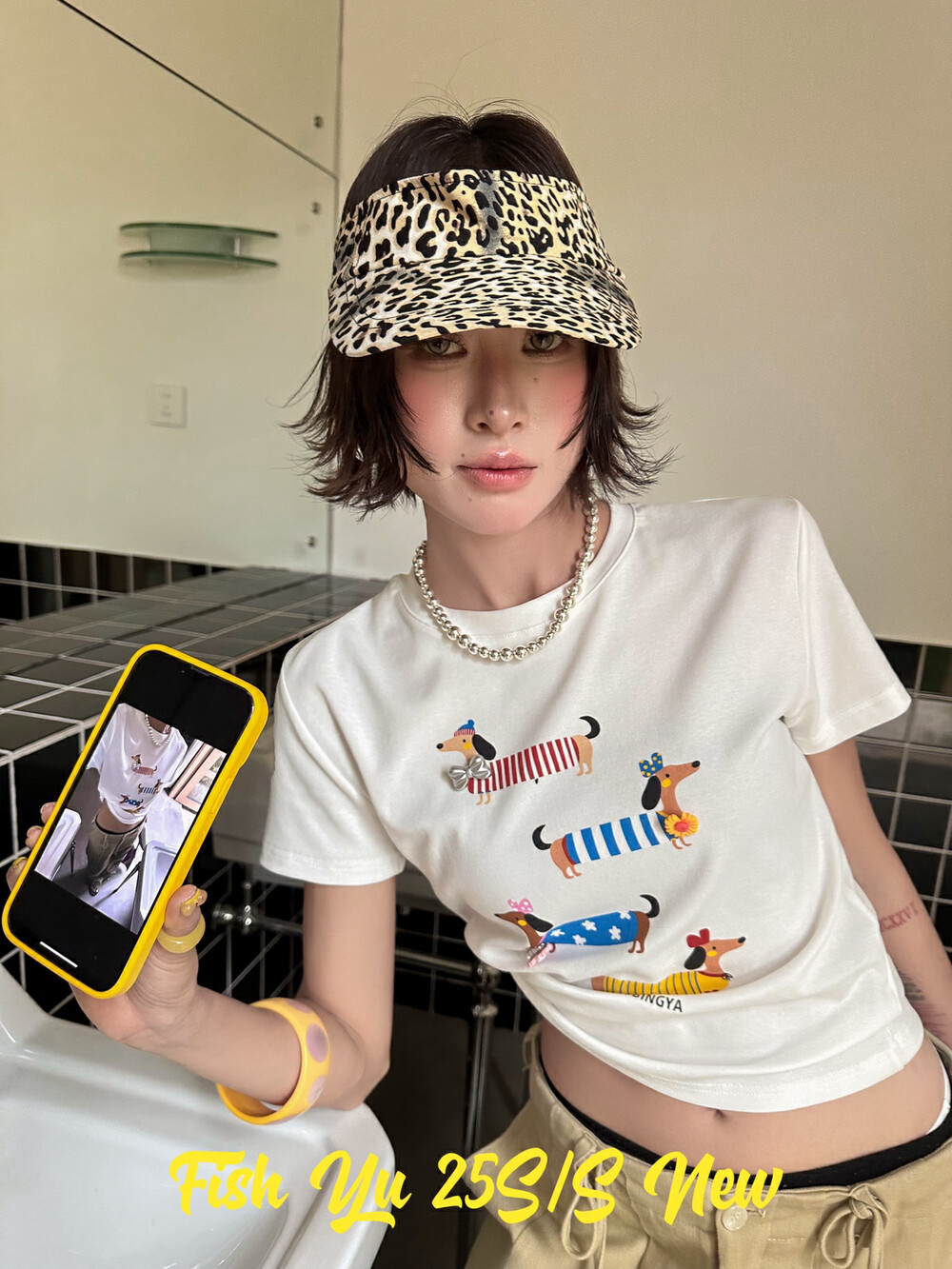 YU夏季新款卡通腊肠狗立体花朵别针弹力正肩小版短袖T恤25375