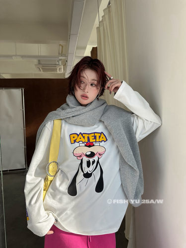 YU冬新款欧货卡通高发泡字母印花内里抓绒宽松圆领长袖T恤25767