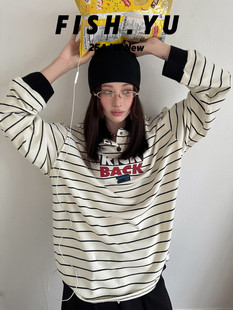 卫衣女休闲 YU秋新款 美式 复古前后字母发泡印花长袖 条纹宽松POLO衫