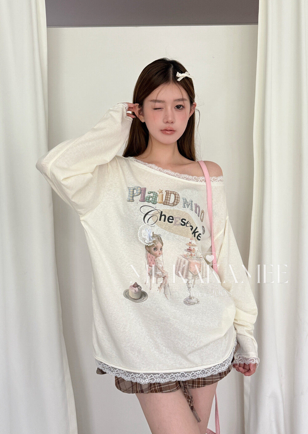 ME KAKAMEE夏新品芭比娃娃彩喷立体蕾丝拼接条纹斜肩防晒衫S5370