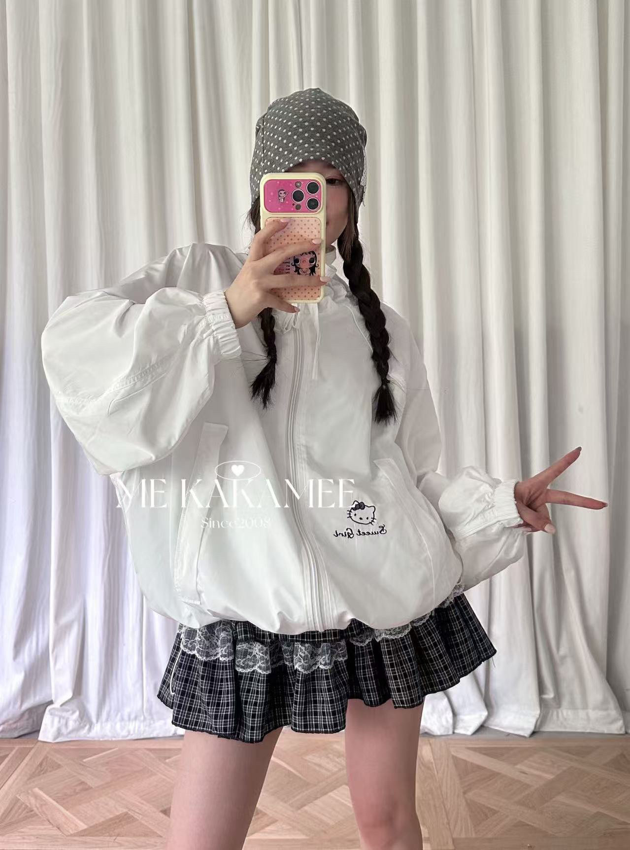 ME KAKAMEE秋新品重工全刺绣KT猫花苞领口夹克外套 配kt勋章9601