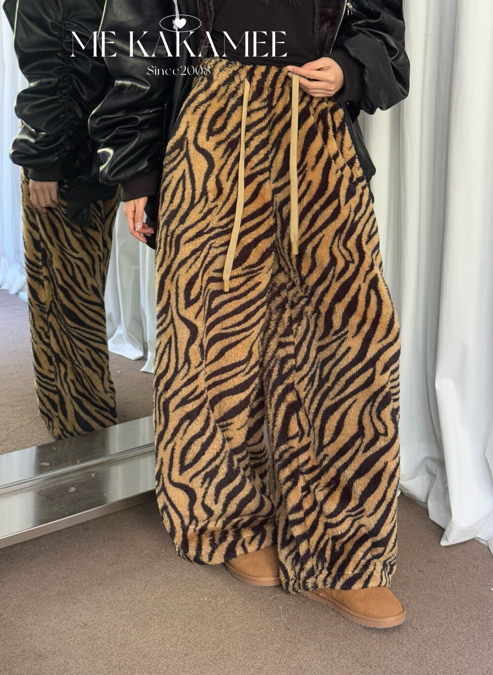 KAKAMEE冬新品美式复古辣妹毛毛法兰绒加厚虎纹慵懒休闲裤A3179