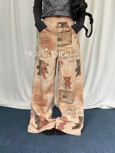 ME KAKAMEE秋新品满印卡通小熊设计感牛仔裤女宽松显瘦C0912