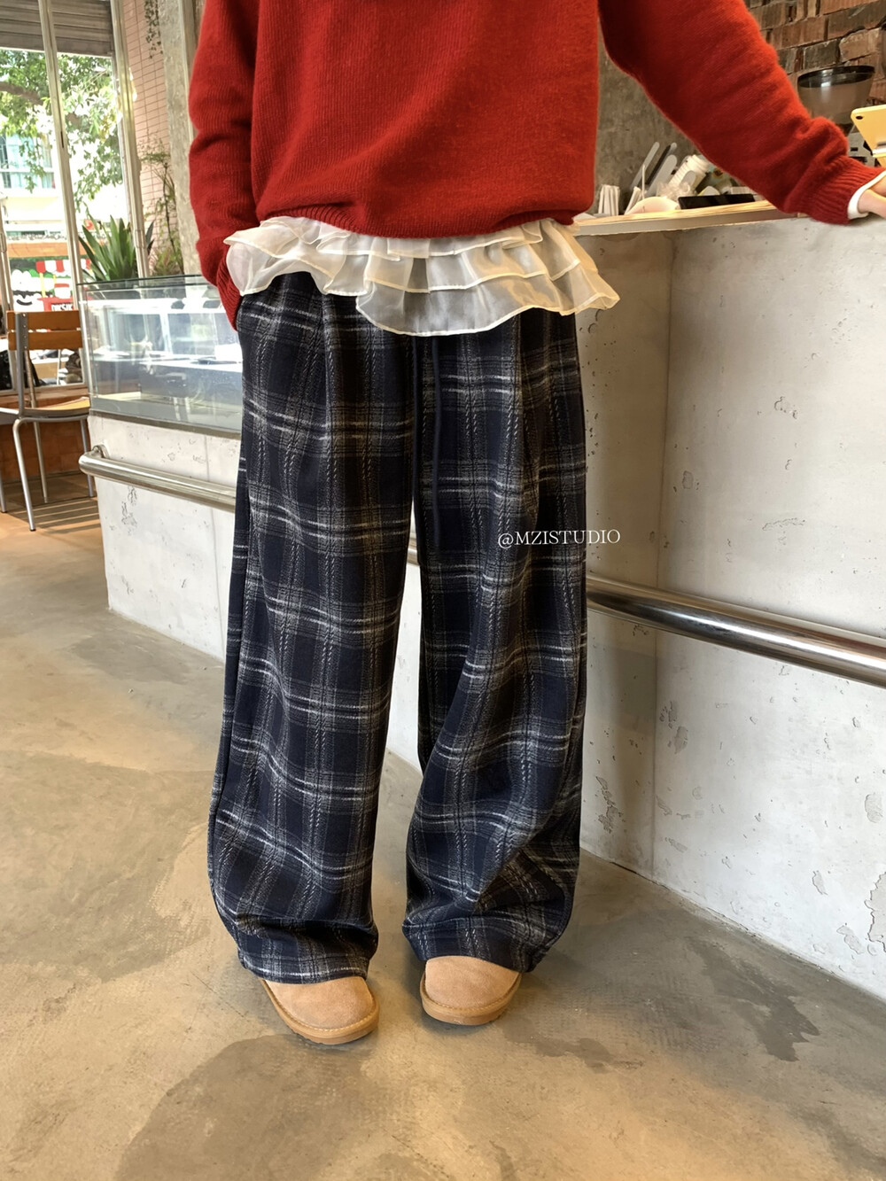 MZI STUDIO韩系冬日毛呢加绒复古撞色格纹松紧腰休闲裤19129