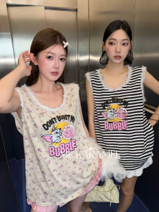 ME KAKAMEE新品喷画汤姆猫拼接蕾丝边设计背心T恤女上衣9505
