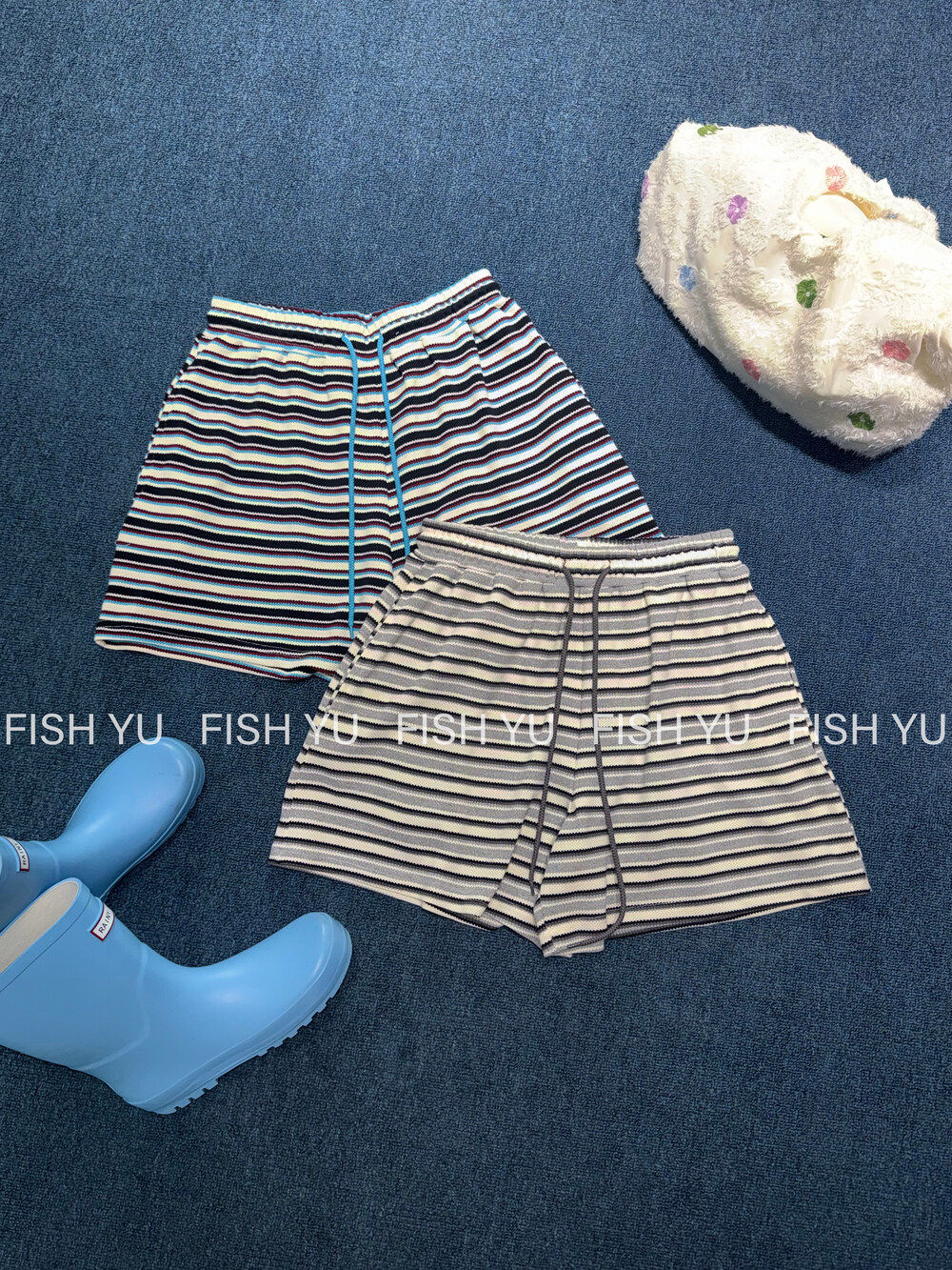 FISH YU夏新款休闲百搭韩系松弛感撞色条纹松紧腰休闲短裤26289