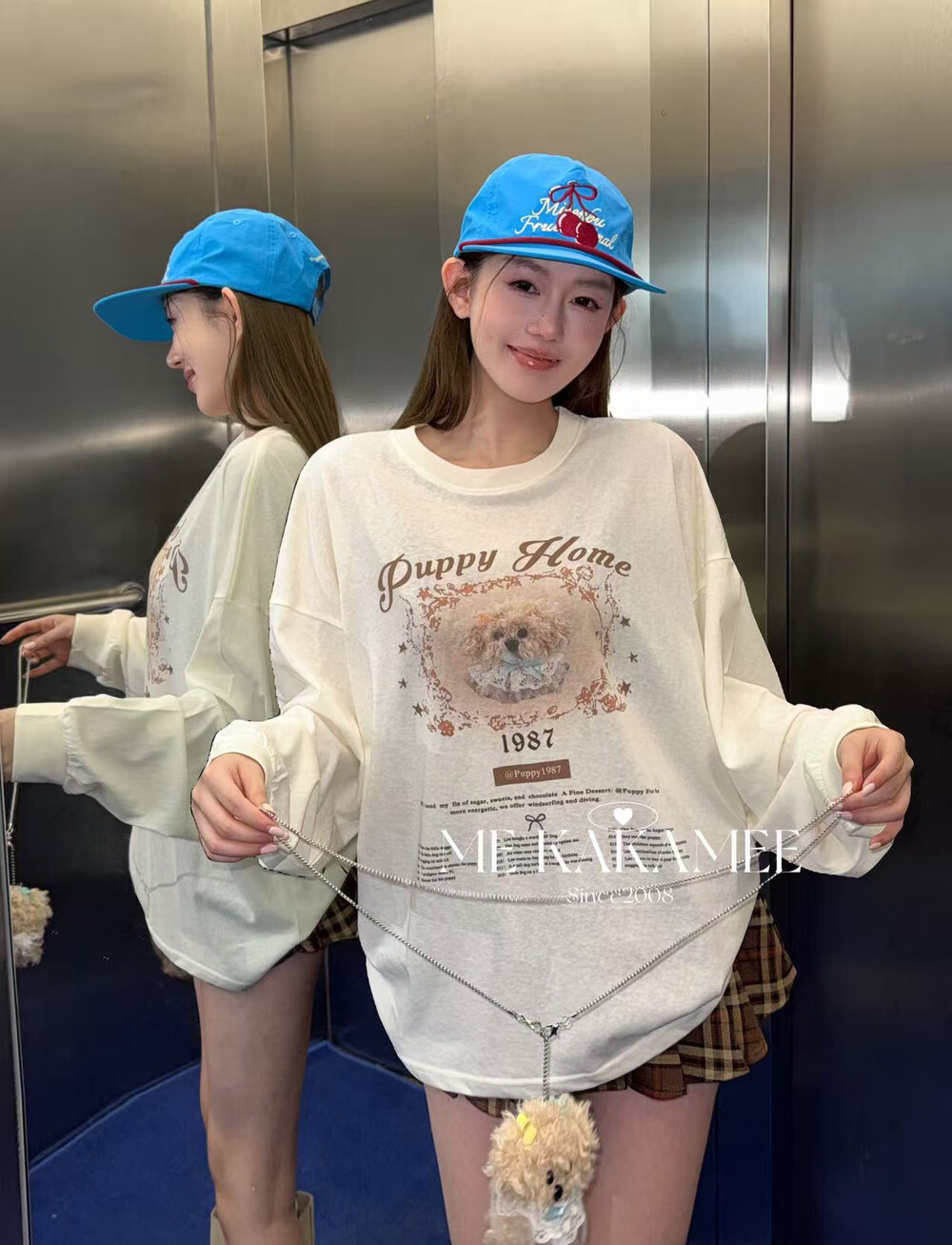 ME KAKAMEE秋新品喷画穿裙子小熊设计感大版T恤长袖T恤女休闲9625