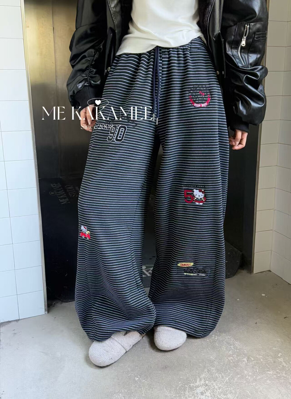 ME KAKAMEE冬新品立体刺绣KT猫复合加绒抽绳条纹休闲裤卫裤9053