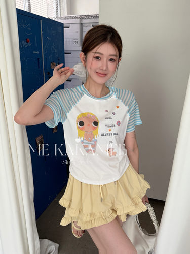 ME KAKAMEE夏新品插肩袖网纱拼接彩喷玉儿小版高弹短袖T恤S5361
