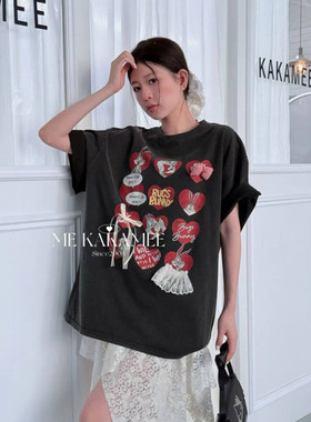 KAKAMEE2026新品趣味卡通爱心兔八哥圆领休闲女短袖T恤s2838