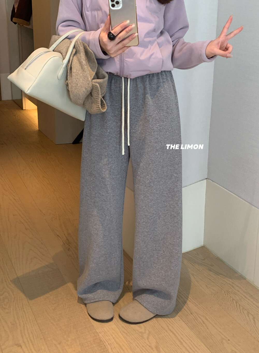 柠檬绿茶冬季新款加厚奥丽绒高腰显瘦阔腿休闲裤糯米裤1199