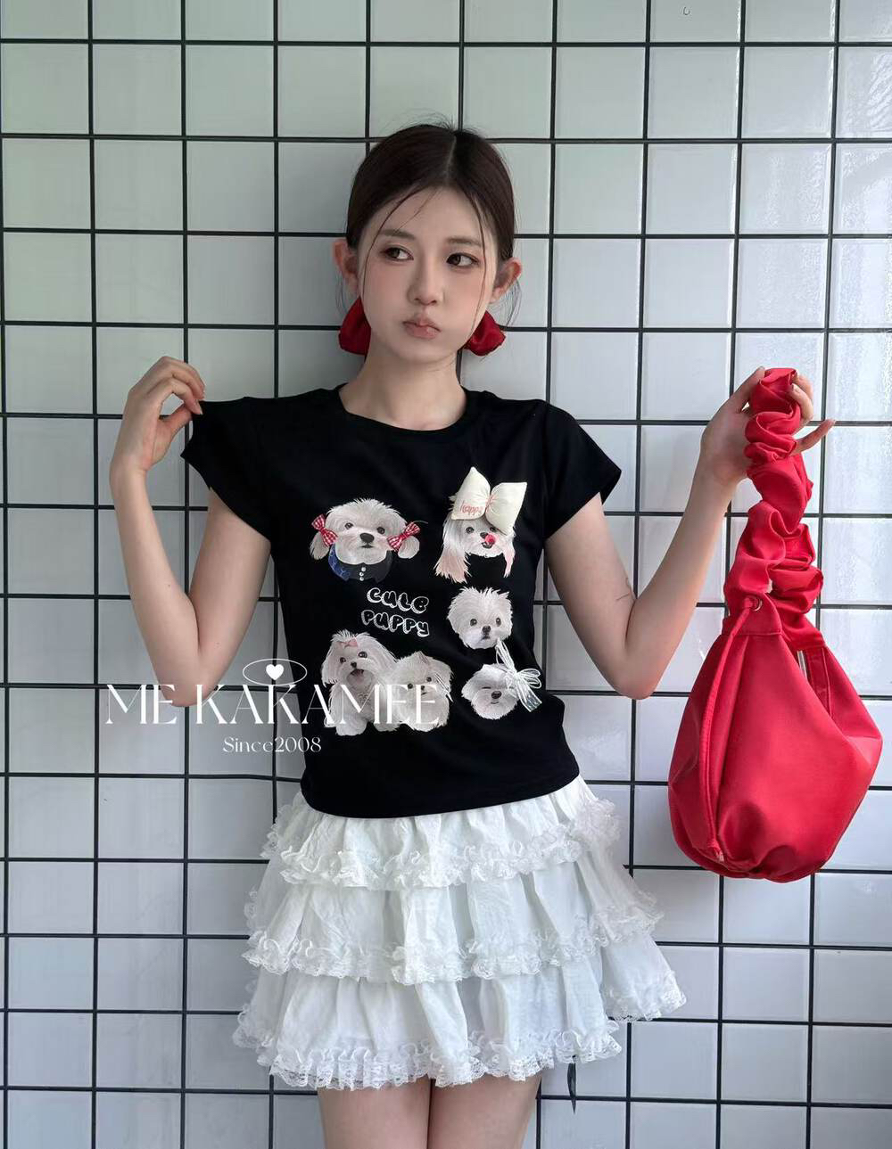 KAKAMEE2025夏新品趣味狗狗喷画立体蝴蝶结短袖T恤修身款女S3153