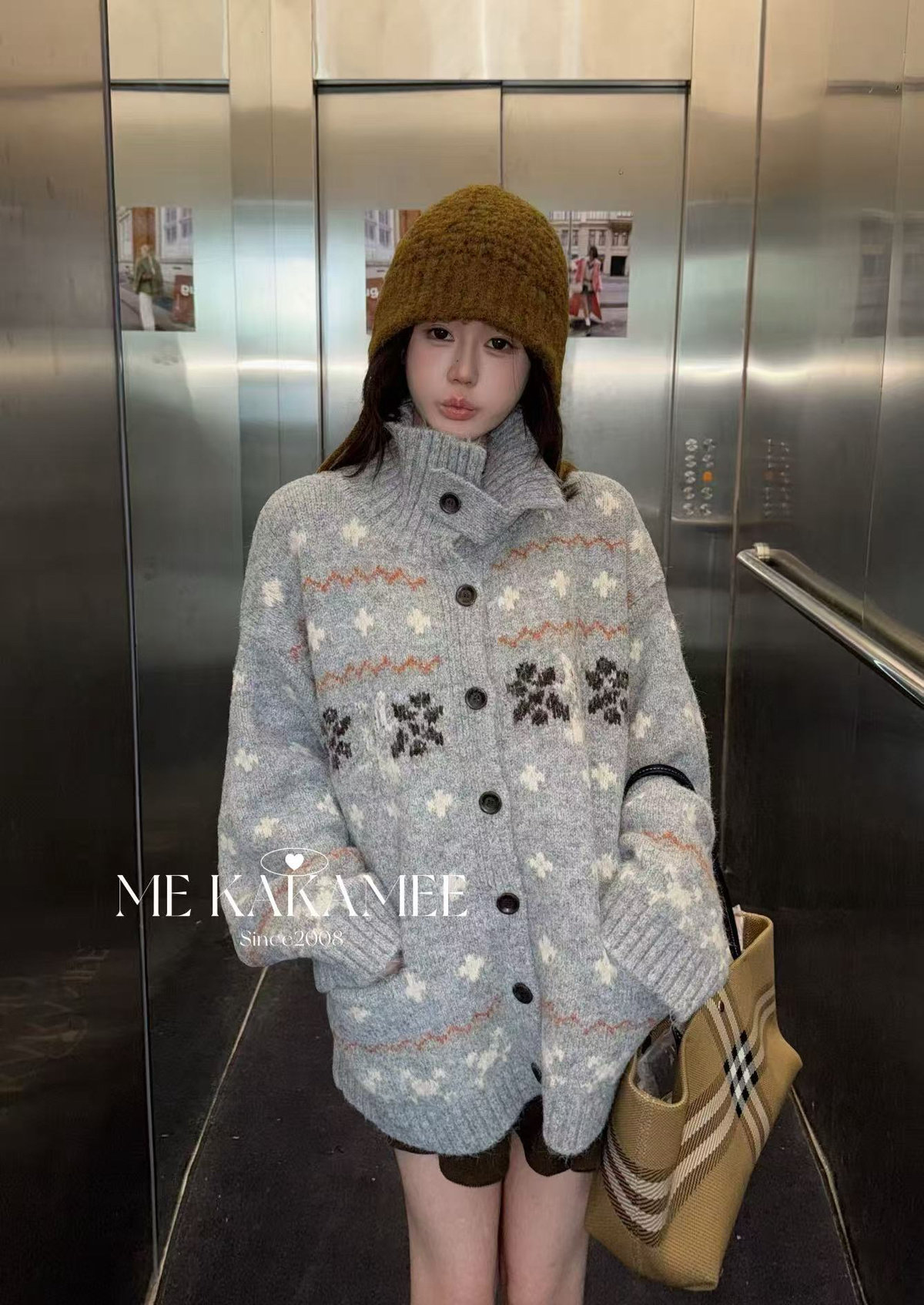 ME KAKAMEE秋冬新品大版韩版可立领提花慵懒开衫毛衣外套女K027
