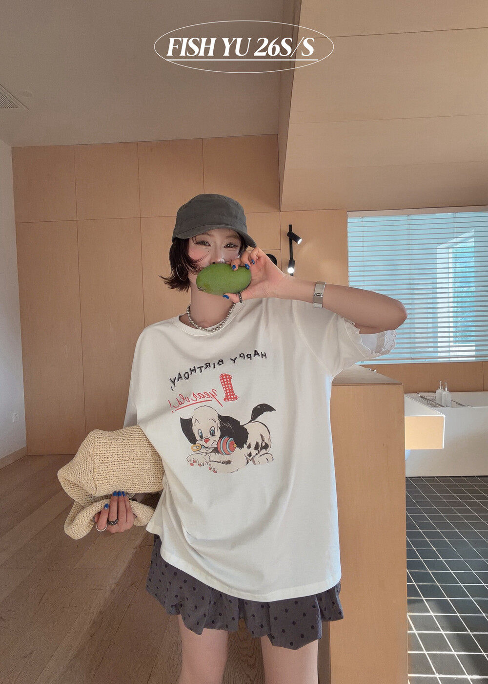 FISH YU夏美式复古卡通斑点狗白墨印花袖口蕾丝花边宽松短袖T恤女
