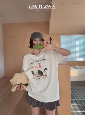 FISH YU夏美式复古卡通斑点狗白墨印花袖口蕾丝花边宽松短袖T恤女
