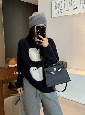 KAPOK冬新款欧货正版慵懒风苹果刺绣宽松套头加厚保暖毛衣25F1205