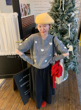 peanut花生家2026早春新款拼色爱心短袖毛衣针织衫 配袖套1298