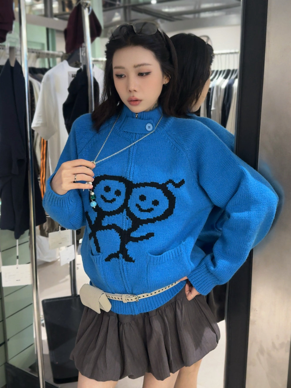 FISH YU秋新款美式潮牌韩版火柴人拉链开衫小版外套毛衣26702