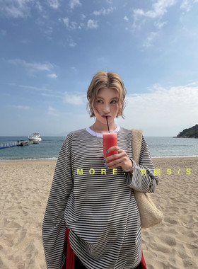 More有熊春新款欧货正版撞色条纹设计感宽松长袖T恤 3330