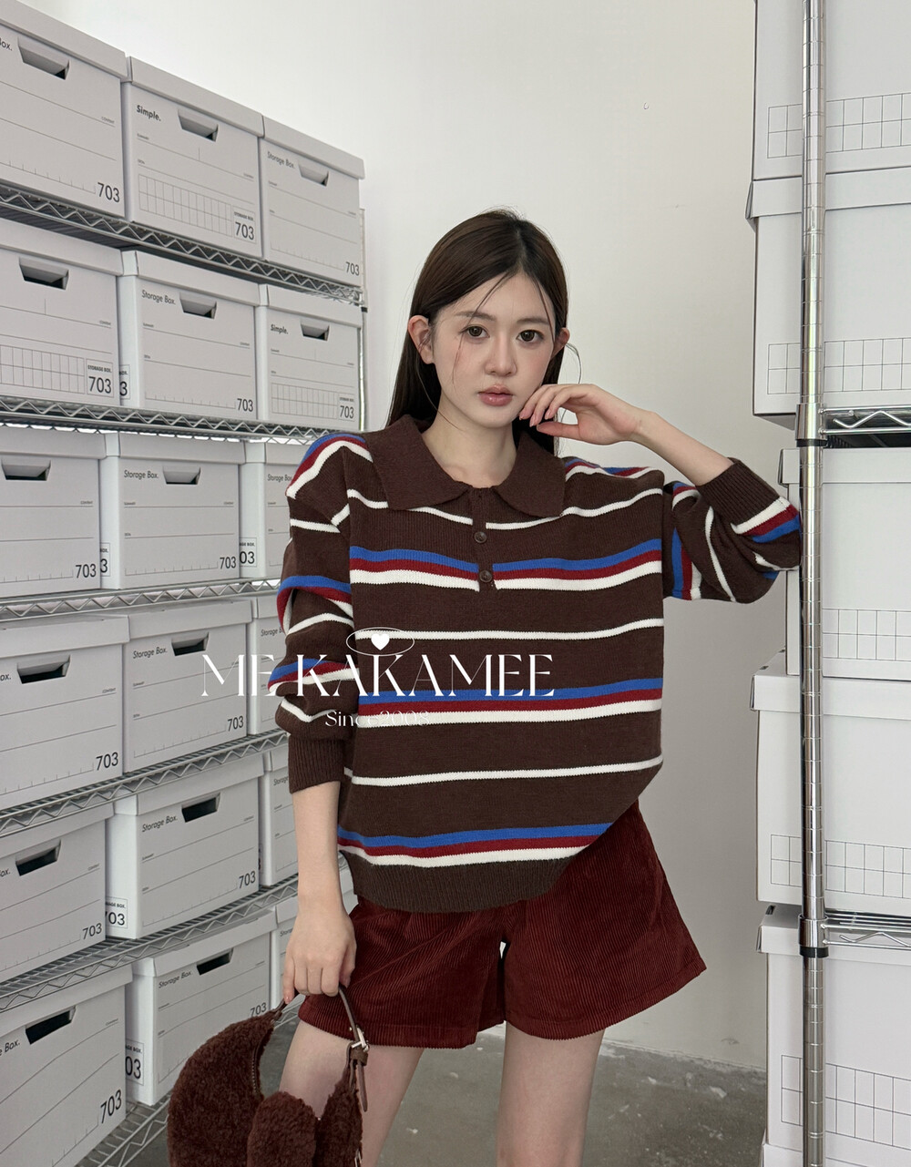 ME KAKAMEE秋新品韩系条纹宽松大版显瘦Polo领针织衫毛衣A2868