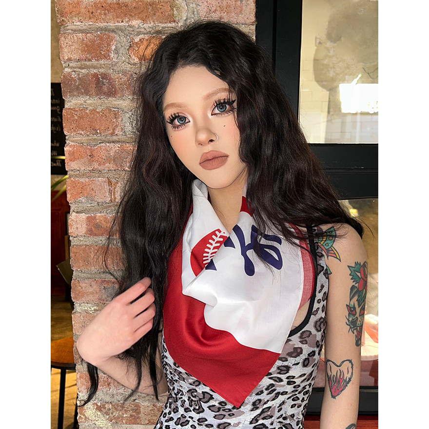 尤嘻岛美式学院运动风拼色字母棉方巾抹胸女复古头巾包头夏小领巾