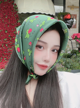田园绿色小方巾丝巾女亲子头巾