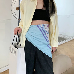 ins小方巾丝巾女腰带蓝色纯棉70x70复古头巾百搭春秋发带绑发围巾