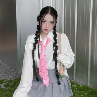 尤嘻岛丝巾发带女绑发长巾美式学院风粉色爱心格子领巾芭比粉领带