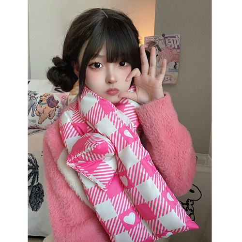 芭比粉色格子羽绒围巾女冬