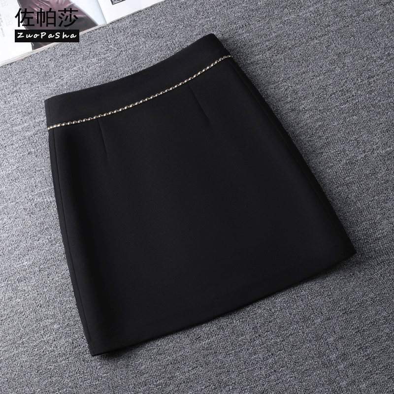 时尚钉珠短裙女半身裙2021春秋新款高腰黑色西装裙显瘦a字包臀裙