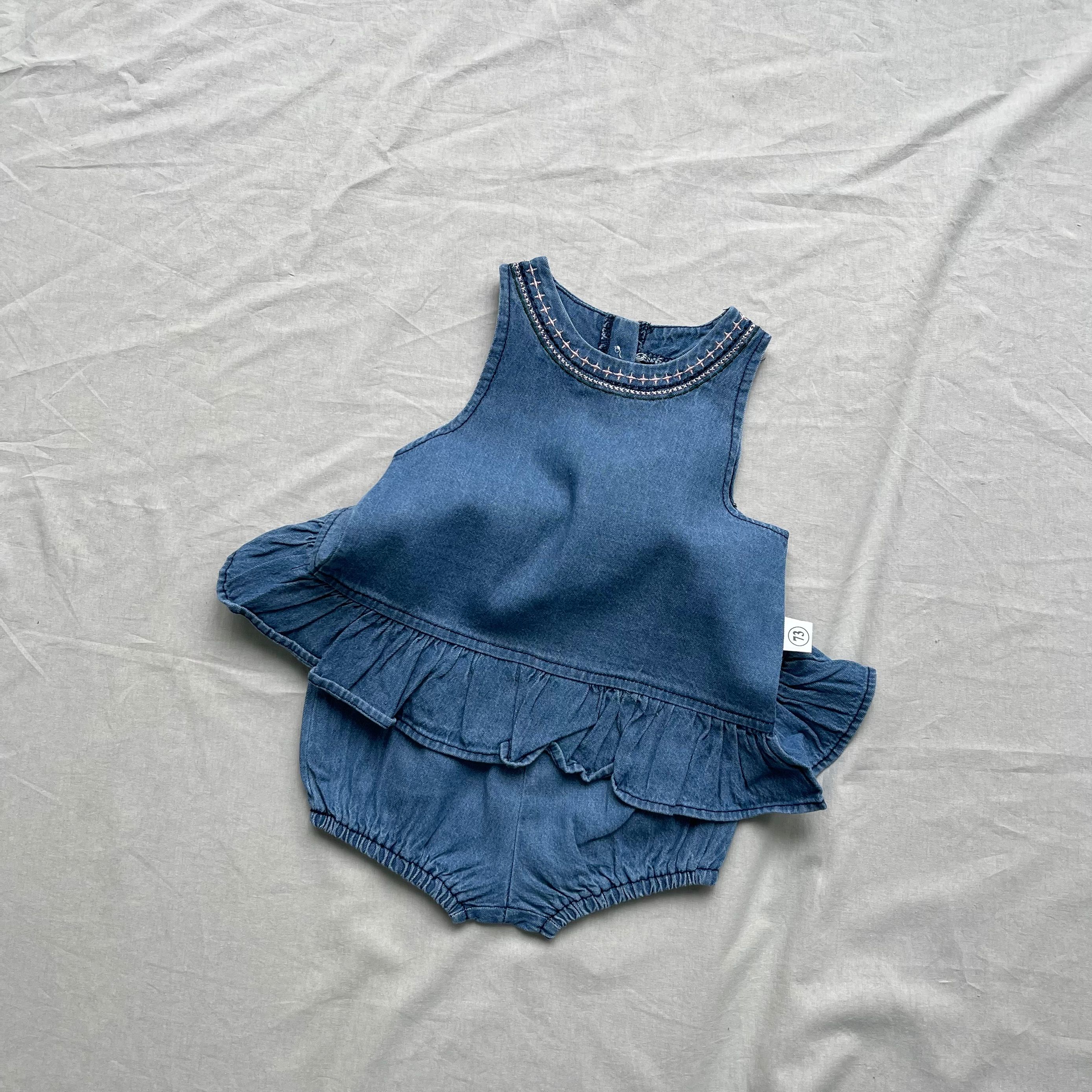 ins韩版牛仔绣花领花边套装刺绣领背心上衣+小短裤女宝宝夏款百搭