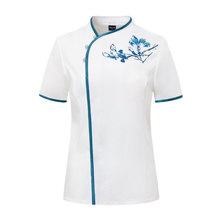 中餐店服务员工作服夏装中式餐厅酒店餐饮火锅饭店工服白色女短袖