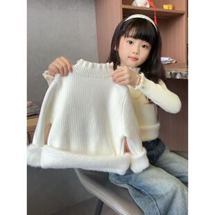女童纯白色毛衣毛衣木耳边洋气半高领宝宝女童毛衣加绒冬季打底衫