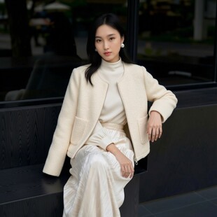 拉链夹克外套 拼接圈圈尼双面羊毛大衣短款 微米级手感 春秋新款