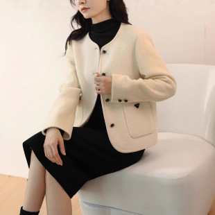 微米级手感！秋冬新双面羊绒大衣短款白色拼接圈圈尼100羊毛外套