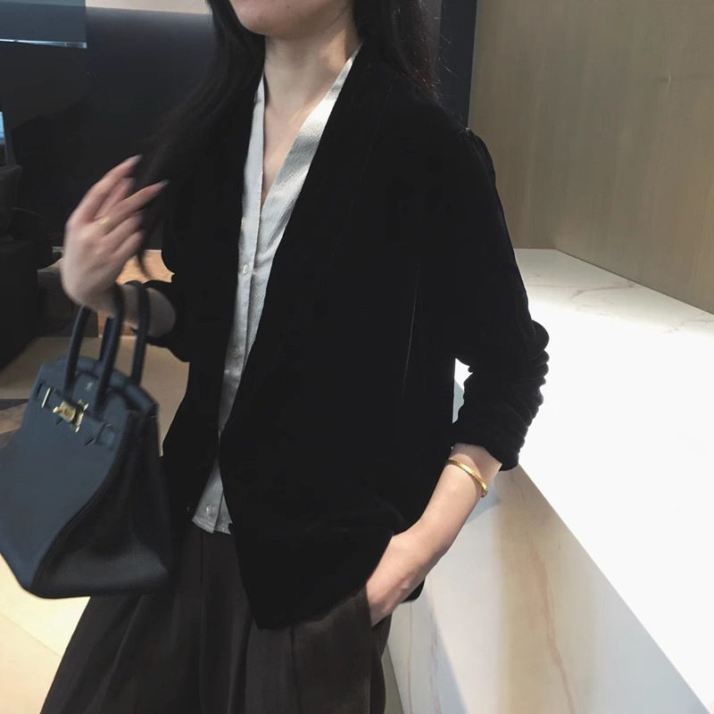 复gu别裁!春秋新款真丝丝绒纺撞色V领双门襟假两件女装外套上衣