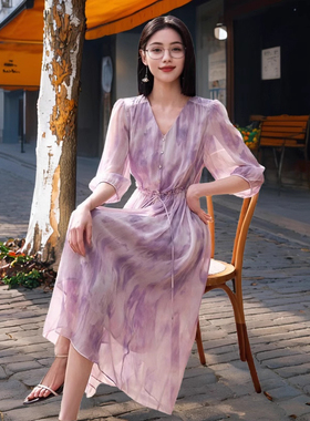 微米级手感！里外100%桑蚕丝 仙女紫色长裙子 夏季高端真丝连衣裙