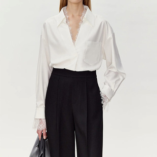 慵懒干练！蕾丝拼接V领直筒衬衫上衣女 春秋新款设计感休闲衬衣