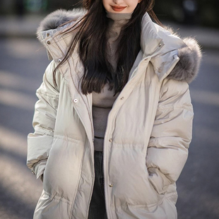 巨保暖！狐狸毛领黑绷带中长款鹅绒服冬季新款高端90白鹅绒羽绒服