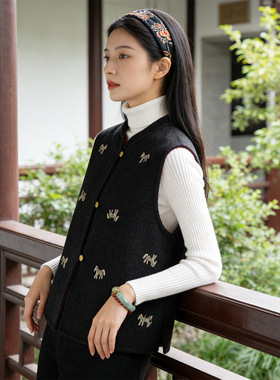 古美韵味！高级感黑色双面羊绒马甲 新中式刺绣显瘦羊毛呢短外套