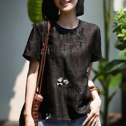 美到心坎！22MM香云纱龟纹熊猫绣花真丝T恤 夏季新中式桑蚕丝上衣